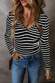Ribbed stripe henley top in black and white with button placket and v-neck
