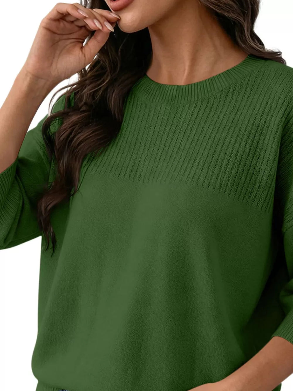 Elegant Crew Neck Eyelet Ribbed Sweater in Pink, view 20