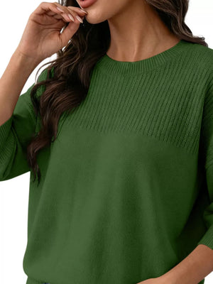 Elegant Crew Neck Eyelet Ribbed Sweater in Pink, view 20