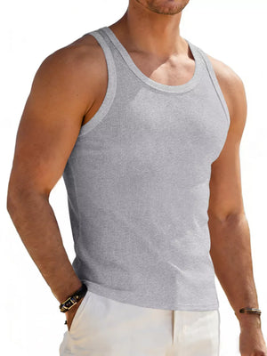 Men's Full Size Round Neck Tank in White, close-up detail