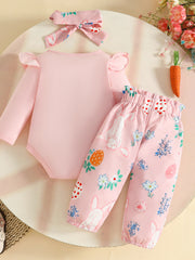 Pink baby bunny and Easter egg print outfit with ruffled sleeves and matching headband.