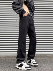 Men's black wide-leg jeans with a washed finish and casual styling.