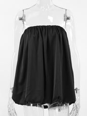 Black strapless bubble hem top with elasticized neckline