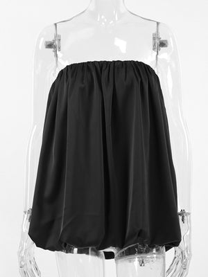 Black strapless bubble hem top with elasticized neckline