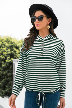 Green and white striped hoodie with button neck and drawstring waist