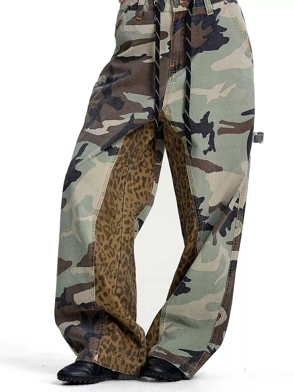 Men's Camouflage Leopard Patchwork Cargo Pants in Army Green, front view