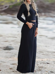 Long Sleeve Crop Top And Wide-leg Pants Set in Black, side view
