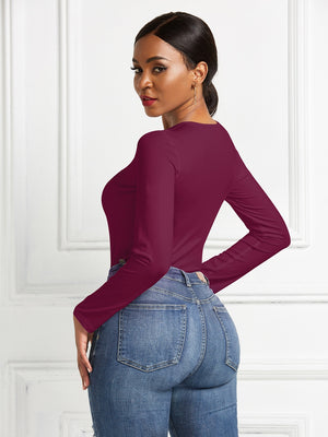 Burgundy long sleeve ribbed jersey bodysuit with crew neck
