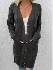 Dark Gray cable knit button-down cardigan with pockets and a V-neck.