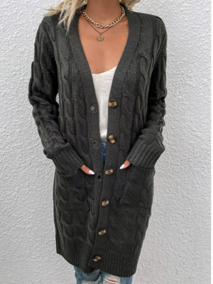 Dark Gray cable knit button-down cardigan with pockets and a V-neck.