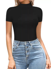 Black mock neck short sleeve form-fitting bodysuit styled with high-waisted jeans