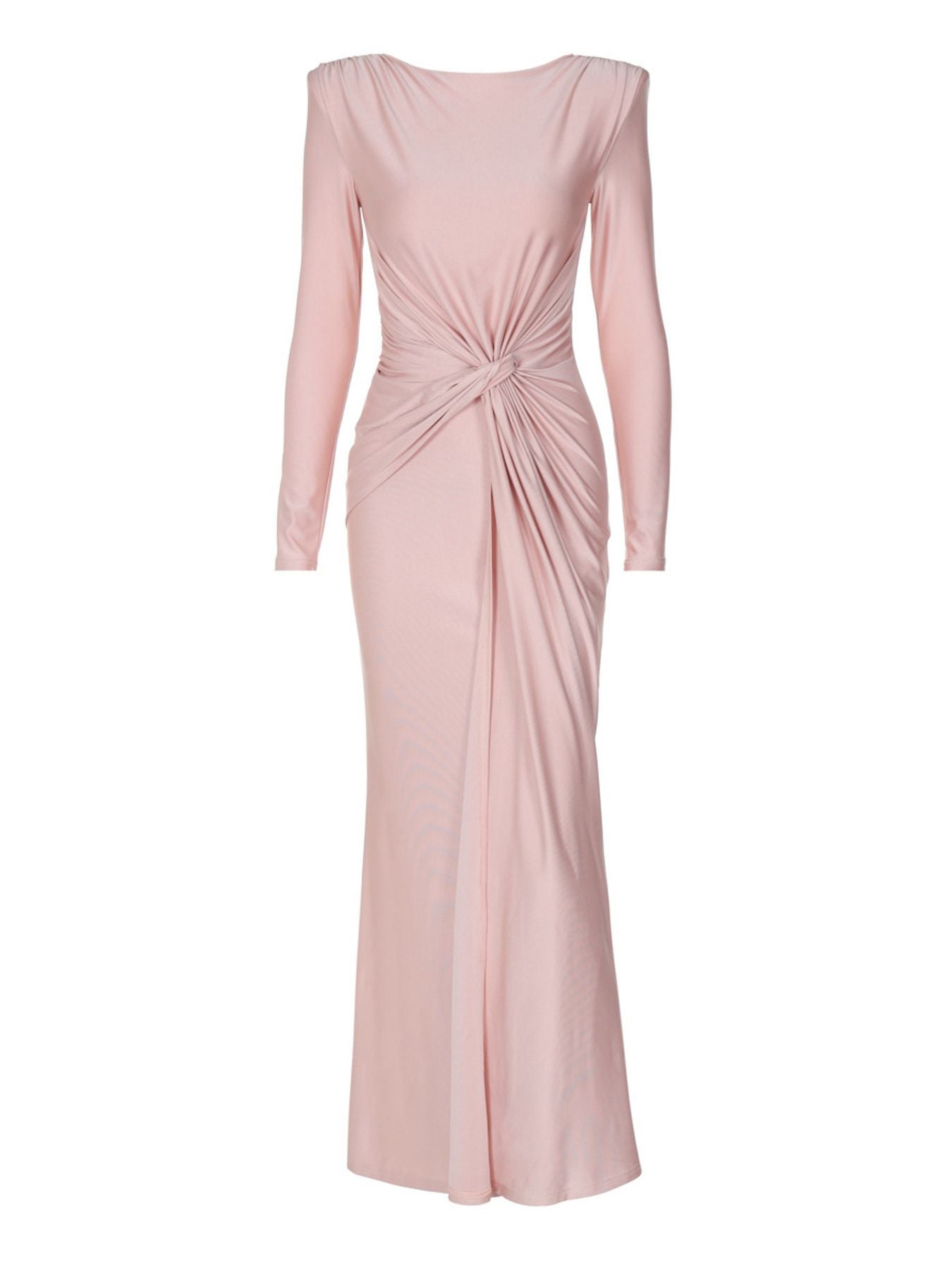 Pink ruched knot front maxi dress with long sleeves and a draped neckline.