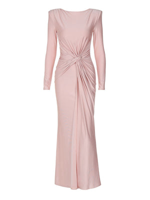 Pink ruched knot front maxi dress with long sleeves and a draped neckline.
