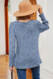 Asymmetric ribbed button-down top in dusty blue, long sleeve, crew neck, casual fit.