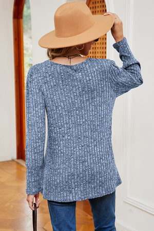 Asymmetric ribbed button-down top in dusty blue, long sleeve, crew neck, casual fit.