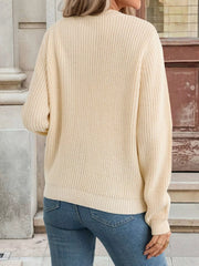 Khaki ribbed knit cardigan with button-up front and crew neck.