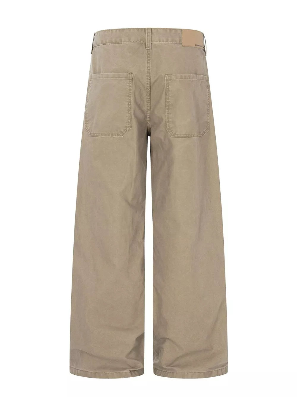 Khaki wide-leg cargo pants with distressed details and two back pockets.