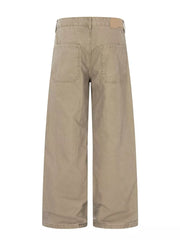 Khaki wide-leg cargo pants with distressed details and two back pockets.