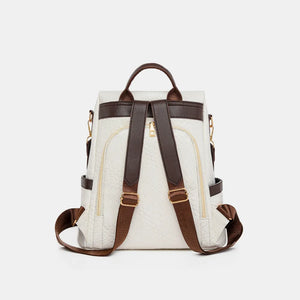 Ivory woven faux leather convertible backpack with brown trim and straps.