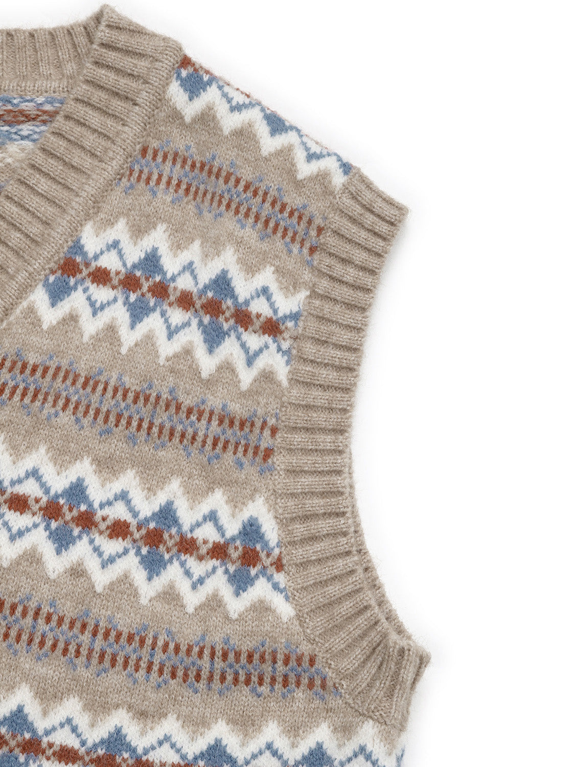 Geometric knit V-neck vest in mocha with a Fair Isle pattern and ribbed trim.