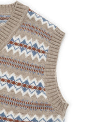 Geometric knit V-neck vest in mocha with a Fair Isle pattern and ribbed trim.