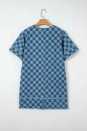 Checkered denim mini dress with frayed hems and short sleeves.