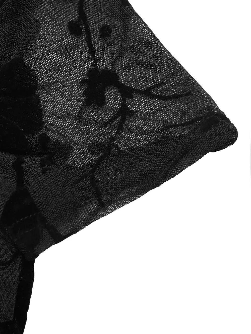 Black mesh t-shirt with velvet floral burnout detail and mandarin collar.