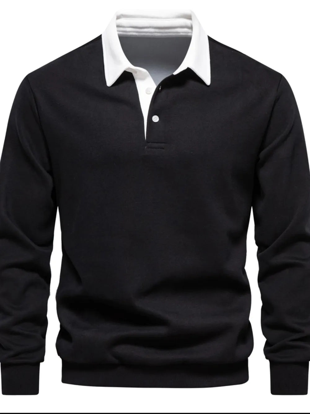 Black long sleeve rugby sweatshirt with white collar and button placket.