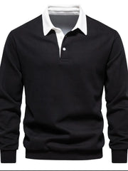 Black long sleeve rugby sweatshirt with white collar and button placket.