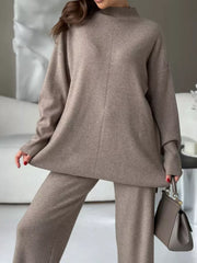 Relaxed fit knit co-ord set in mocha acrylic with mock neck and wide leg pants.