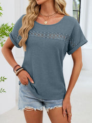 Blue waffle knit short sleeve tee with lace trim detail across the chest and sleeves.
