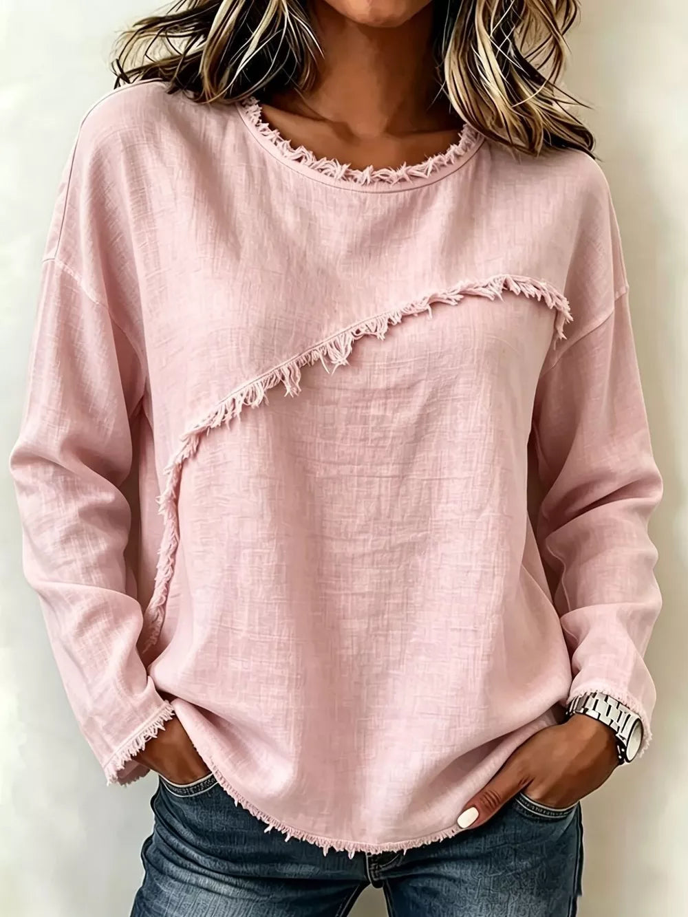 Frayed Hem Dropped Shoulder Blouse in Blush Pink, front view