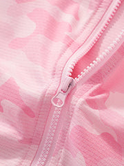 Blush pink camouflage hooded jacket for kids with a full zip closure.