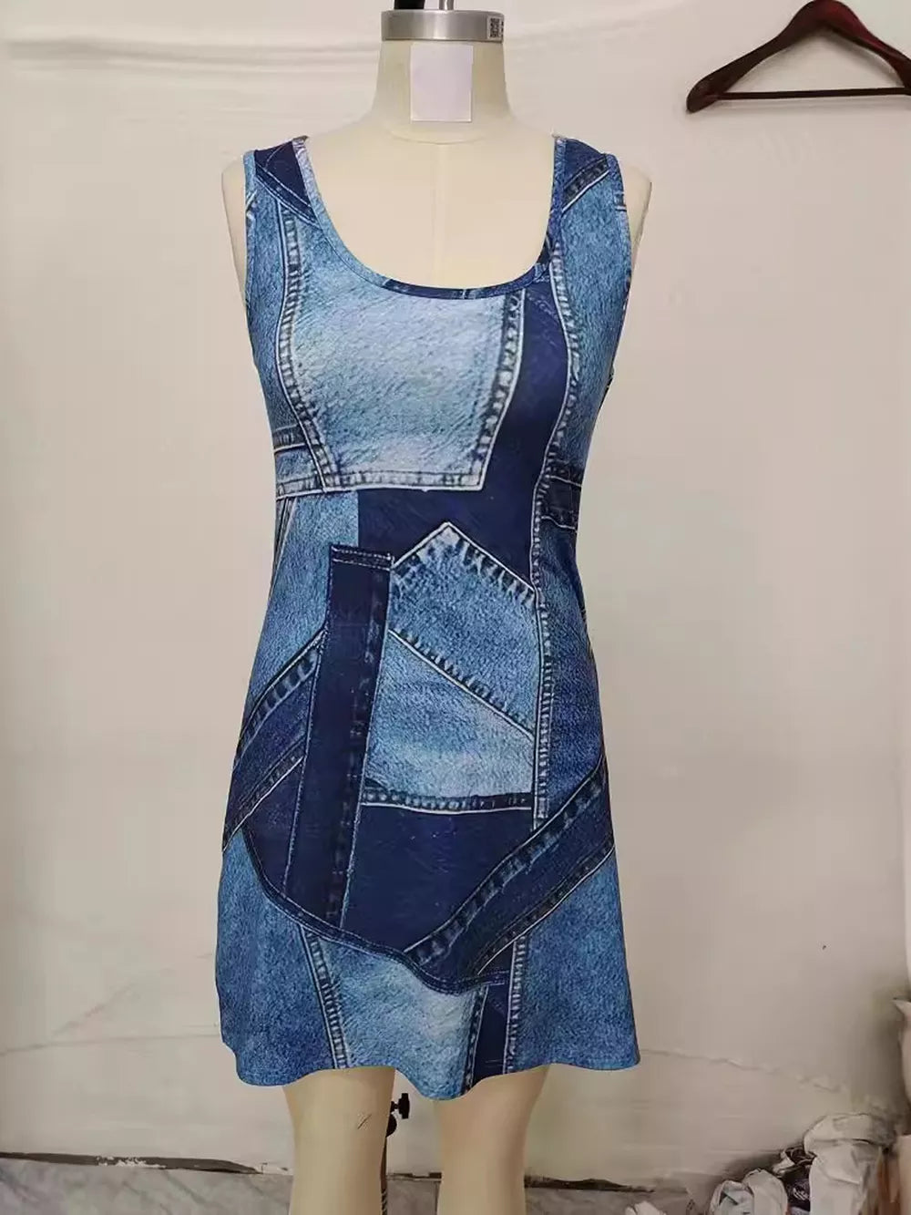 Patchwork Denim Sleeveless Mini Dress, close-up detail