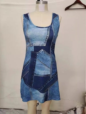 Patchwork Denim Sleeveless Mini Dress, close-up detail