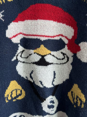 Dark blue acrylic knit sweater with a graphic of Santa wearing sunglasses and a red hat.