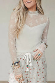 Lace Mesh Long Sleeve Top in White, front view