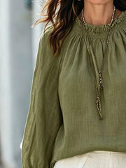 Round Neck Balloon Sleeve Blouse in Army Green, side view