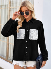 Black denim shirt with sequin pocket details and frayed hem