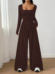 Ruched Square Neck Wide-leg Jumpsuit in Brown, view 13