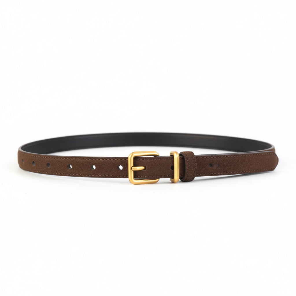 Brown cowhide leather belt with gold buckle and multiple holes.