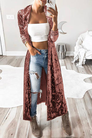 Crushed velvet duster coat in pale blush, longline, open front, with a relaxed fit.