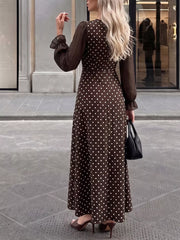Polka Dot Square Neck Long Sleeve Maxi Dress in Brown, fabric detail