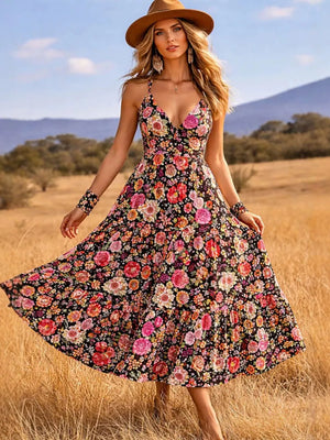 Black floral midi dress with V-neck and tiered skirt, styled with a hat.