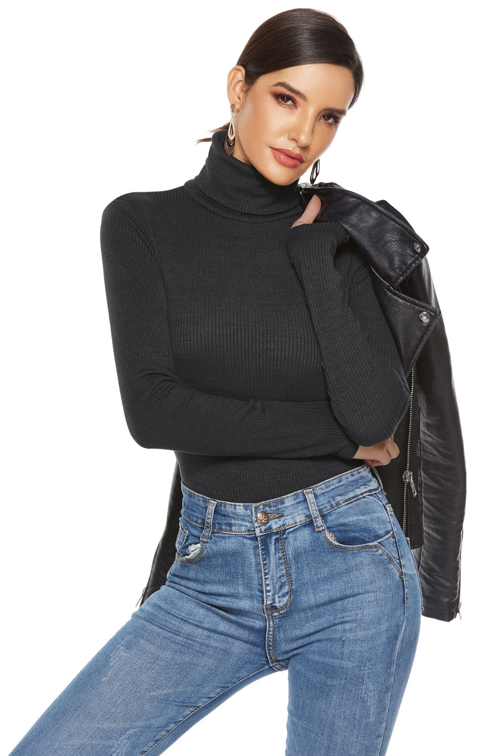 Black ribbed turtleneck bodysuit with long sleeves, styled with jeans and a leather jacket.