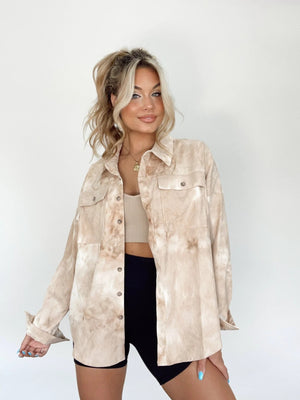 Overshirt in Misty Blue with cloud wash pattern, button front, and patch pockets.