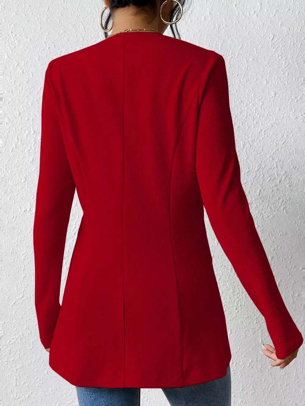 Red single-button blazer with tailored fit and long sleeves, shown from the back.