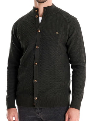 Army green textured knit stand collar cardigan with button closure.