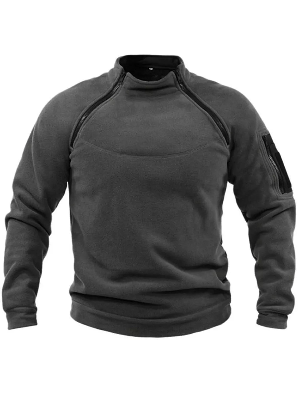 Men's gray fleece sweatshirt with zippered pockets and mock neck.