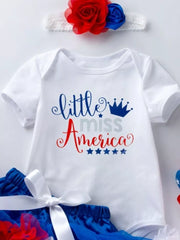 White baby bodysuit with "little miss America" graphic and patriotic headband.